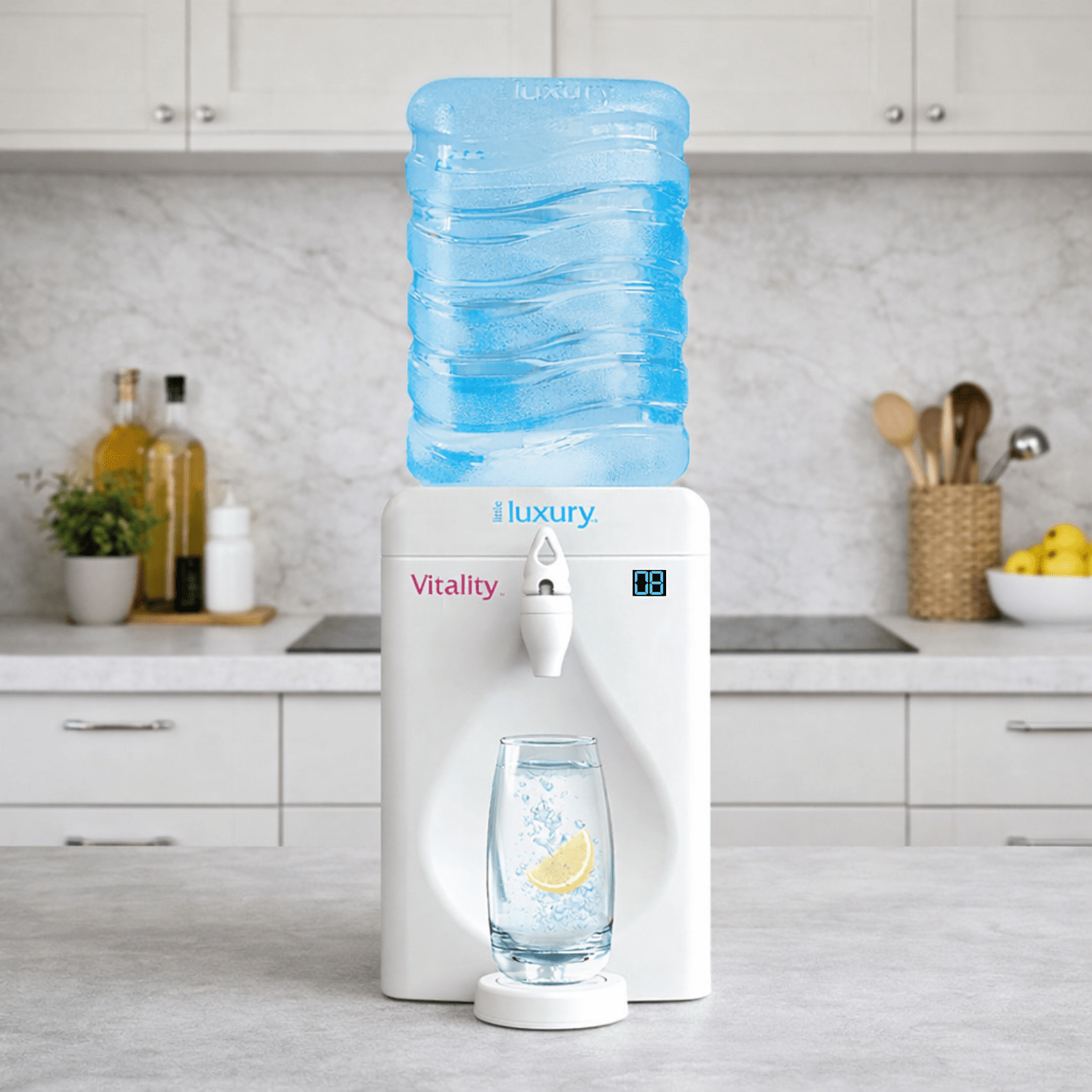 Little Luxury Vitality Mini Water Cooler with blue reusable water bottle in a modern kitchen