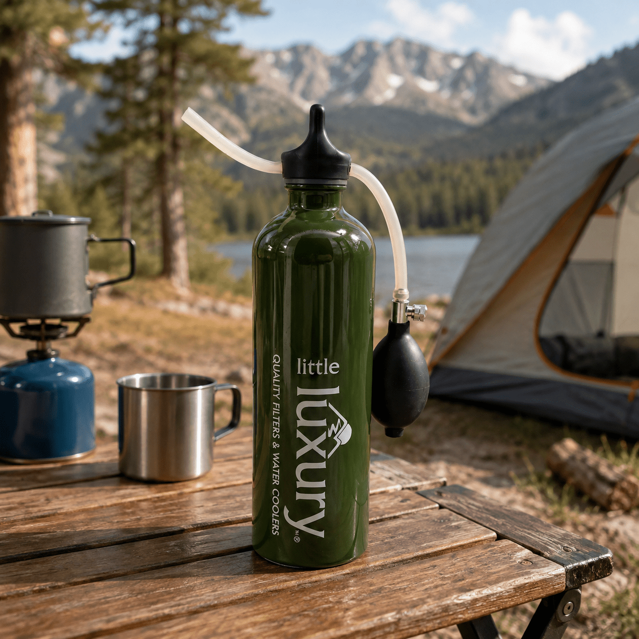 Little Luxury Outdoor Camping and Hiking Filter Bottle at a campsite beside a tent