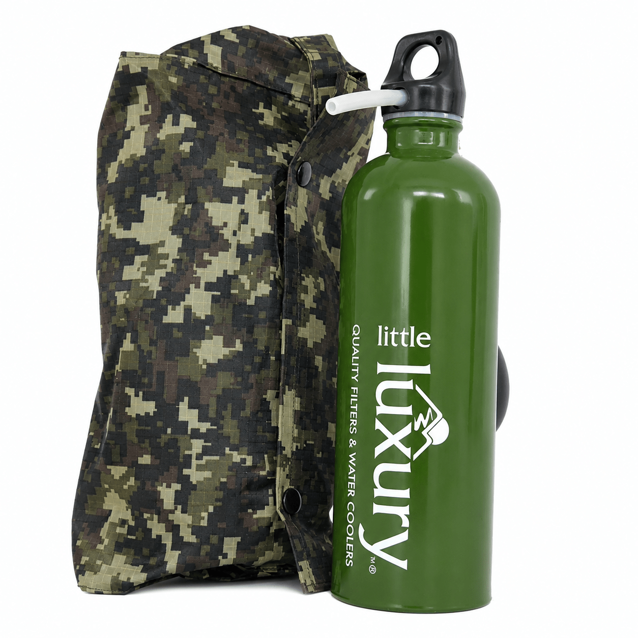 Little Luxury Outdoor Camping and Hiking Filter Bottle with camouflage carry bag