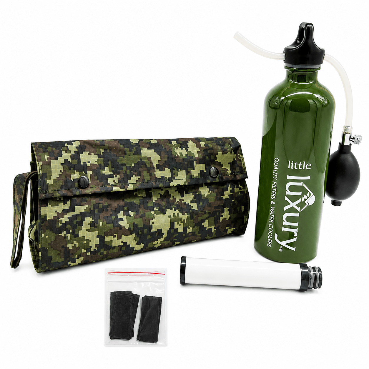 Little Luxury Outdoor Camping and Hiking Filter Bottle with carry bag, replacement filter and accessories