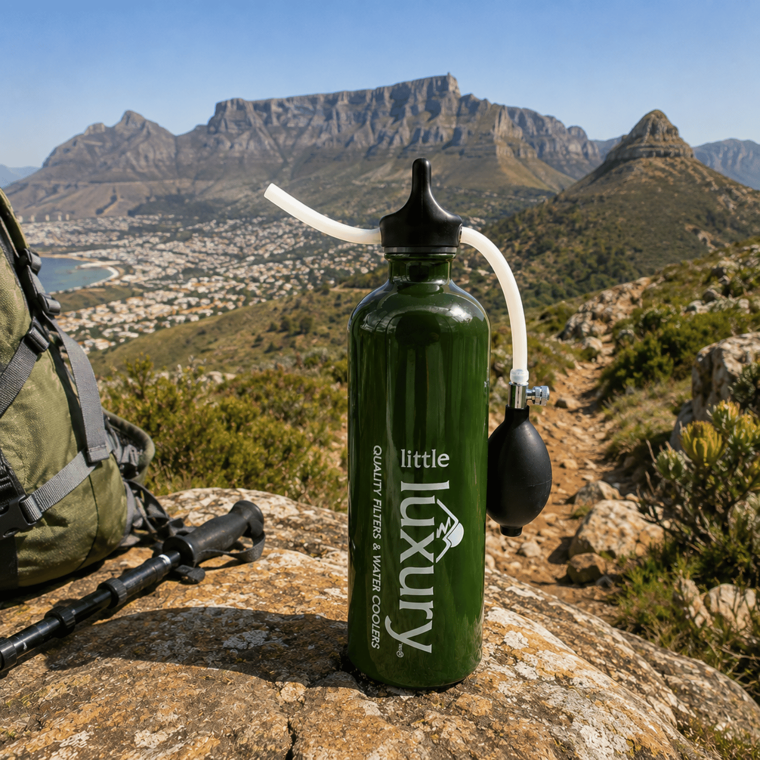 Little Luxury Outdoor Camping and Hiking Filter Bottle on a mountain hiking trail