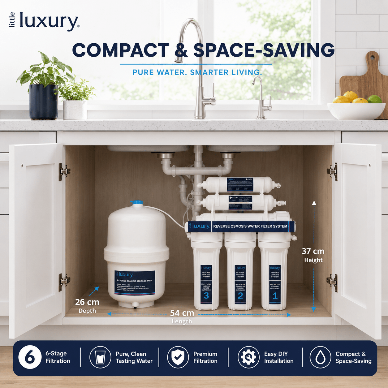 Compact Little Luxury 6-Stage Reverse Osmosis Water Filtration System under kitchen sink
