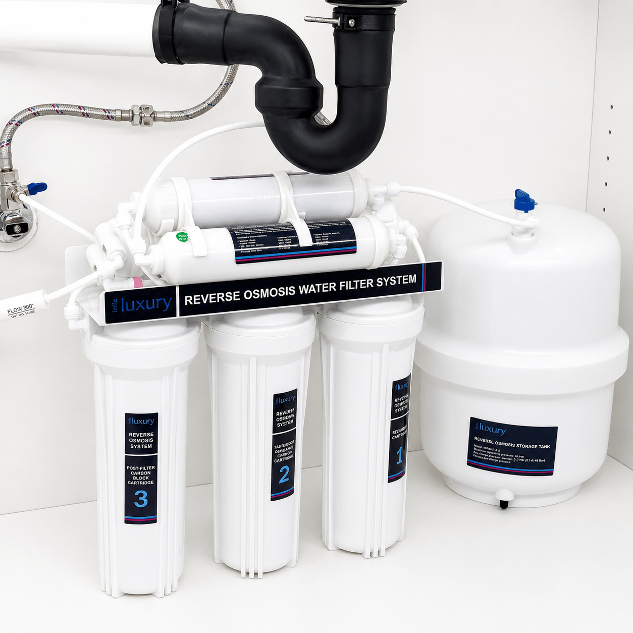 Little Luxury 6-Stage Reverse Osmosis Water Filtration System installed under kitchen sink
