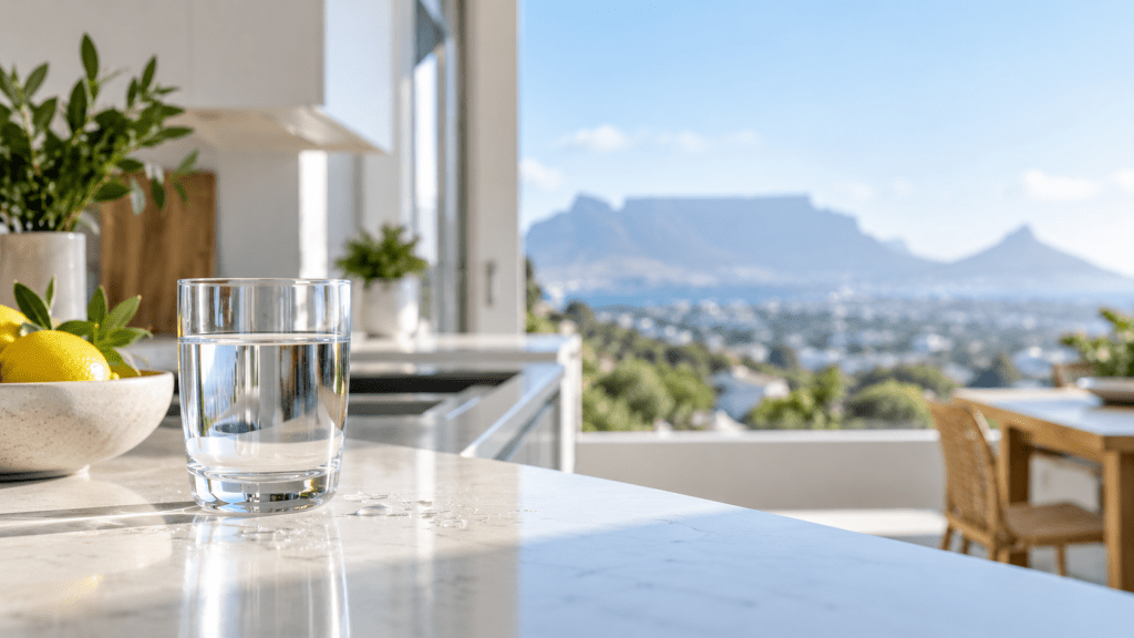 Glass of drinking water in a South African home with Table Mountain