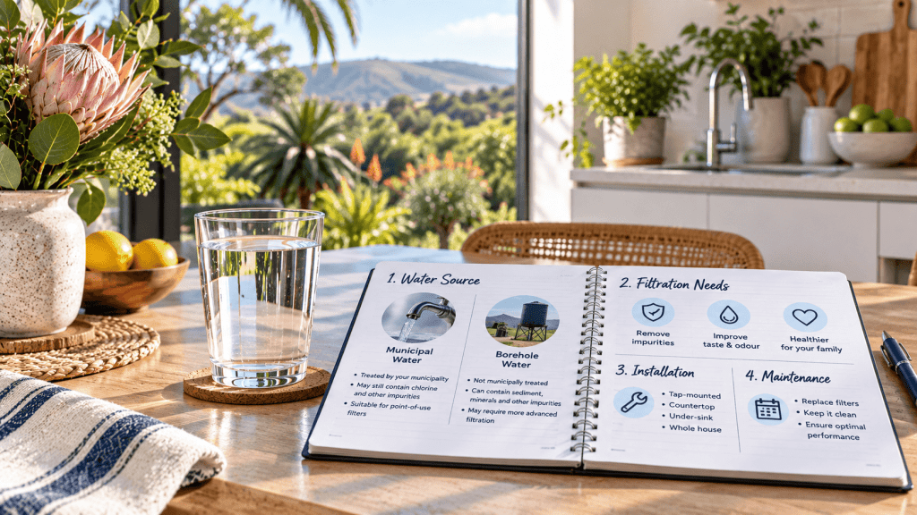 Guide to choosing a water filtration system in South Africa based on water source, filtration needs, installation and maintenance