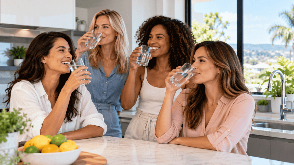 Four women enjoying glasses of fresh drinking water together in a bright, modern kitchen.