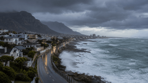 Storm clouds over a South African coastline where severe weather is affecting water and electricity infrastructure.