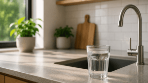 Glass of clean drinking water on a modern kitchen countertop in a South African home.